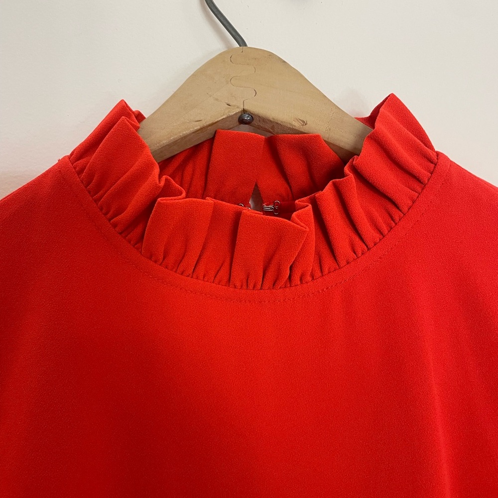 New J Crew Women’s Crepe Ruffle Neck Shift Bell Sleeve  Orangish Red, Size 00 - Picture 6 of 9